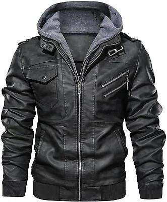 Buy Mens Genuine Real Leather Jacket Black Bomber Winter Hooded Jacket • 44.99£