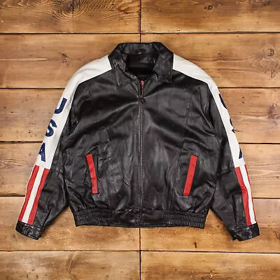 Buy Vintage Leather USA Leather Jacket XL 90s USA Flag Bomber Black Zip • 79.99£
