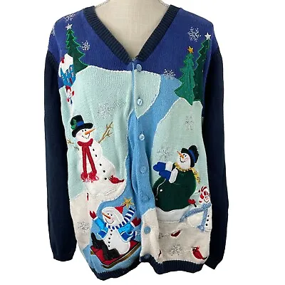 Buy Quacker Factory Snowman Ugly Christmas Sweater Knit Cardigan Womens Sz L XL Blue • 26.27£