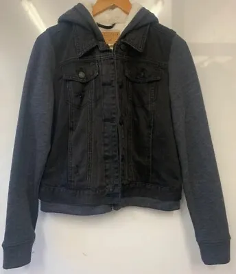 Buy Hollister Teddy Fleece Hooded Jersey Sleeved Black/Grey Denim Jacket Size Medium • 14.99£
