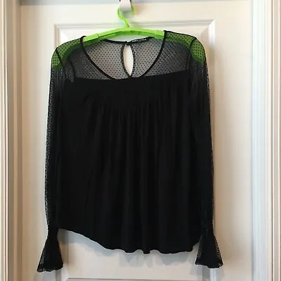 Buy Moral Fiber Black Blouse Sz 1X Sheer Arms Keyhole Neck Lace Bell Sleeve Goth • 10.79£