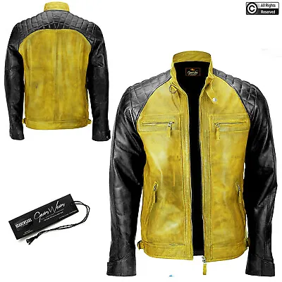 Buy Mens Yellow Cafe Racer Vintage Style Motorcycle Distressed Biker Leather Jacket • 279.99£