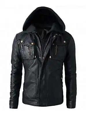 Buy New Men's Motorcycle Brando Style Biker Real Leather Hoodie Jacket - Detach Hood • 72.99£