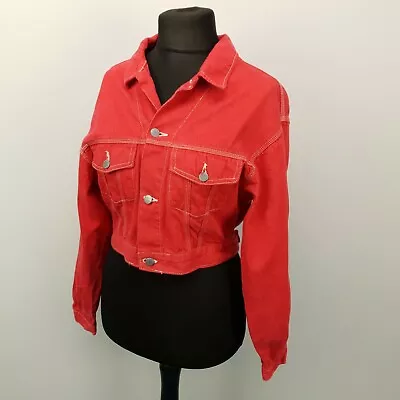 Buy Womens Vintage Denim Jacket MEDIUM Cropped UK 10 Red 90s Y2k Trucker Retro • 25£