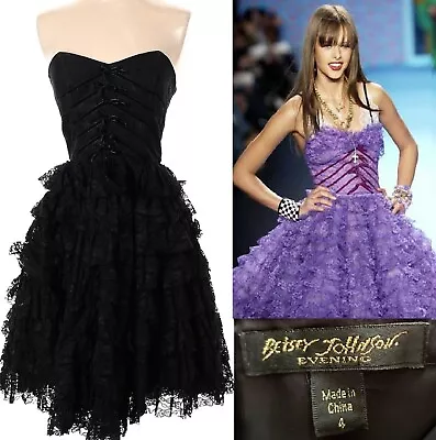 Buy Vintage Betsey Johnson Evening 90s Black Ruffle Lace Velvet Bows Corset Dress 4 • 188.99£