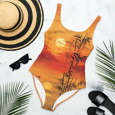 Buy Sunset Horizon Elegance: Radiant Orange Plunge One-Piece Swimsuit • 46.33£