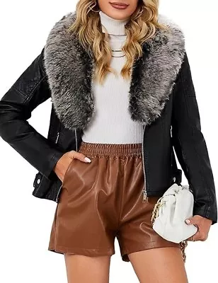 Buy Premium Women's Vegan Leather Jacket Sherpa-Lined Detachable Fur Collar , M • 49.99£