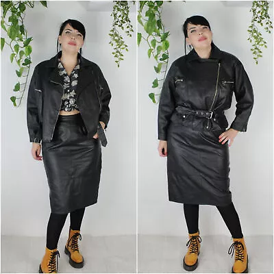 Buy Women's Black Jacket Belted Biker Rocker Jacket 90s Motorcycle Jacket+Skirt Set • 192.34£