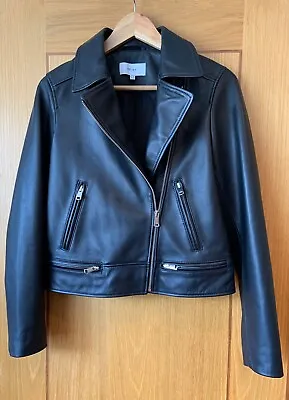 Buy REISS Black Leather Biker Jacket UK 10 *NEW*  Zips Designer Rock Supple Classic • 249£