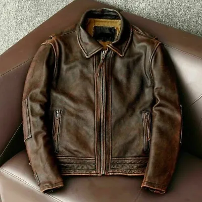 Buy Men’s Motorcycle Retro Cafe Racer Distressed Brown Biker Real Leather Jacket • 88.32£