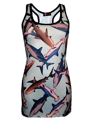 Buy Girls/ Ladies  Sharks Sea Life Fish  Print Long Vest Top Summer Goth Punk Emo • 21.99£
