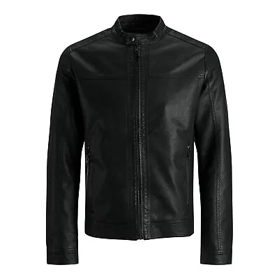Buy Jack & Jones Warner Biker Jacket Leather Look Full Zip Outwear • 35.99£