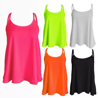 Buy Womens Ladies Plus Size Cami Plain Neon Strappy Swing Vest Top Flared Sleeveless • 6.99£