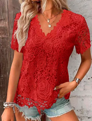 Buy Ladies Lace V Neck Blouse Shirts Short Sleeve Summer Tops Casual T-shirt Size 24 • 10.49£