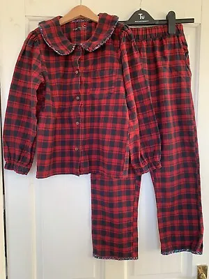 Buy Next Girls Red Tartan Check Peter Pan Collar Floral Trim Button Pyjamas Age 10 • 3£