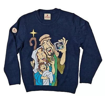 Buy Funky Christmas Jumper Funny Sweater Jesus Mary Joseph SelfieL Mens Blue Knit • 18£