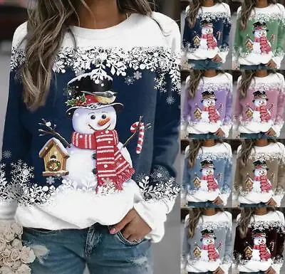 Buy Womens T Shirt Blouse Tops Xmas Ladies Print Snowman Pullover Christmas Gift UK • 9.99£