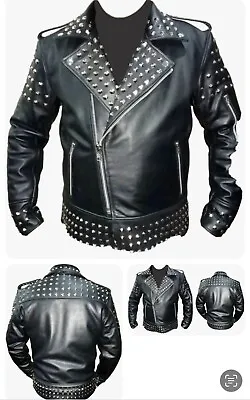 Buy Men's Genuine Cow Leather Studded Black Biker Style Jacket Size L • 89.99£