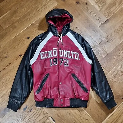Buy Ecko Unltd Mens M (oversized) / L Red Black Leather Hoodie Bomber Jacket RARE • 349.99£