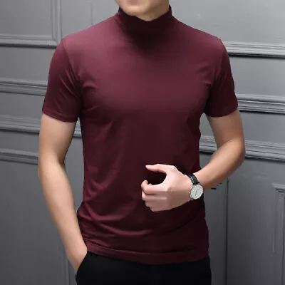 Buy Mens High Neck Basic Tees T-Shirt Short/Long Sleeve Plain Pullover Slim Tops UK • 11.02£