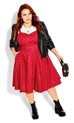 Buy City Chic Plus Size 24 Red & Black Polka Dot Rockabilly Belted Skater Dress • 33.07£