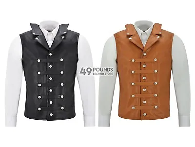 Buy Steam Punk Leather Waistcoat Military Studded Style 100% Real Leather 1458 • 42£