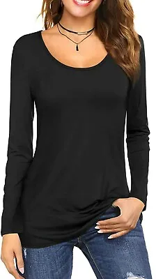 Buy Womens Long Sleeve Round Scoop Neck Plain T-Shirt Ladies Fitted Tee Top 6 To 24 • 7.99£