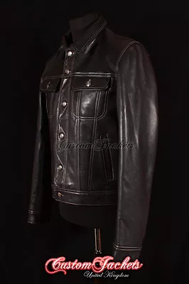 Buy Men's TRUCKER Leather Jacket Black Classic Shirt Style Western Cowhide Jacket • 85.53£
