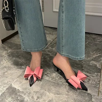 Buy Women's New Big Bowknot Kitten Heels Shoes Pointed Toe Slingback Slippers Pumps • 48.98£