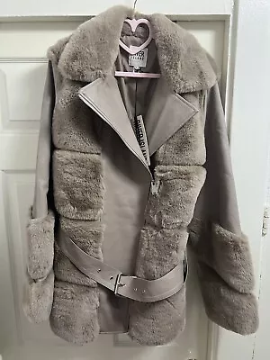 Buy Bnwt River Island Faux Leather And Fur Panel Jacket Coat Uk 18 • 60£
