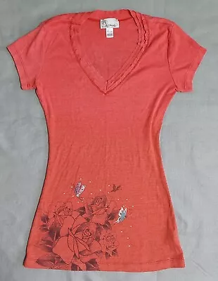 Buy ED HARDY Women's T-shirt Flower Print Front Back Rhinestones Off Red Size XS • 15.36£