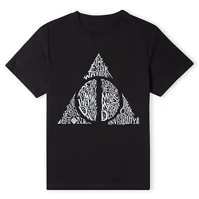 Buy Official Harry Potter Deathly Hallows Text Unisex T-Shirt • 10.79£