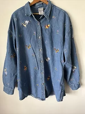 Buy Disney Vintage Winnie Pooh Piglet Eeyore Chambray Denim Button Up Shirt XXL • 39.78£