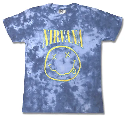 Buy Nirvana T Shirt Official Happy Face Blue Dip Dye  Grunge Band Kurt Cobain Smile • 16.89£