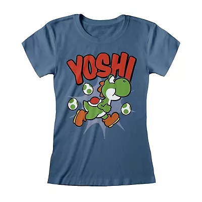 Buy Nintendo Super Mario - Yoshi Womens Indigo Blue Fitted T-Shirt Ex La - K777z • 12.52£
