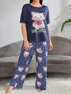 Buy Pyjama Set Plus Size 18 20 22 24 26 28 Blue Cat Smile Stretch Loungewear Comfort • 12.99£