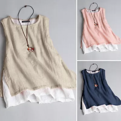 Buy Summer Women Crewneck Sleeveless Tops Vest Double Layer Basic Tee Shirt Blouse • 12.34£