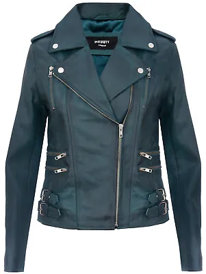 Buy Ladies Leather Biker Jacket Teal Green Lamb Nappa Classic Biker Gothic Jacket • 80.99£