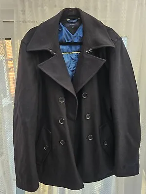 Buy Tommy Hilfiger Men's Outerwear Black Wool Pea Coat Button-Front Closure Size XL • 47.99£