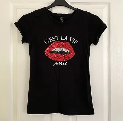 Buy New Look C’est La Vie Sequin Lip Tshirt Size 6 30” Bust 100% Cotton Black Basic • 6.99£