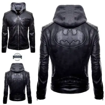 Buy Genuine Real Leather Black Logo Jacket Stylish Biker Detach Hoodie Outerwear • 56£