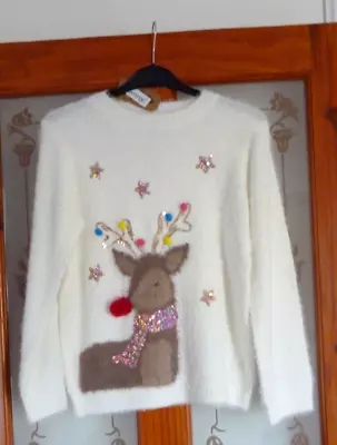 Buy Bnwt Girls Age 5-6 Yrs White Fluffy Reindeer Sequin Detail Jumper • 0.99£