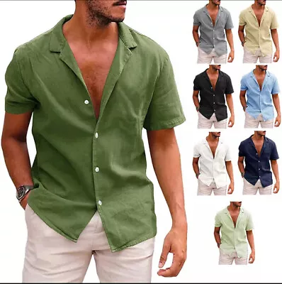 Buy Summer Short Sleeve Casual Button Down T Shirt Men's Linen Cotton Tops • 12.50£