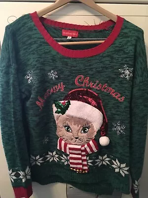 Buy Meowy Christmas Acrylic Sweater Bling Sequins Pom Pom Cat Green Long Sleeves • 17.95£