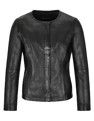 Buy Women Leather Jacket Black Classic Collarless Casual Fashion Leather Jacket 1653 • 115£