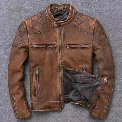 Buy Distressed TAN Vintage Café Racer Men’s Biker Motorcycle Real Leather Jacket • 25£