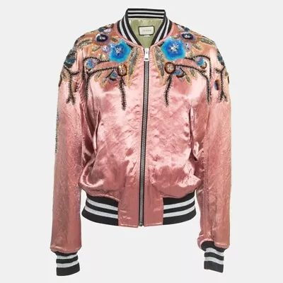 Buy Gucci Pink  Floral Sequin Embroidered Satin Bomber Jacket M • 1,040.36£