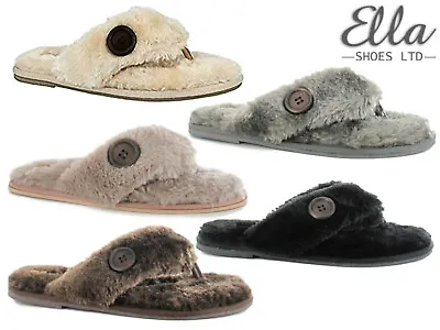 Buy Ladies Ella Slippers Memory Foam Faux Fur Home Spa Toe Post Comfort Flip Flops • 12.99£
