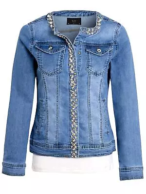 Buy Womens Denim Jacket Jeans Stretch Jackets Jewel Blue Size 10 12 14 16 8 Diamante • 34.95£