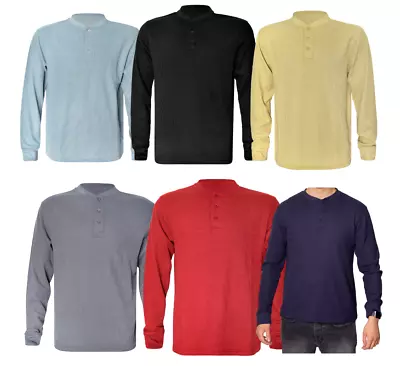 Buy Men's Plain Long Sleeve Henley Slim T-shirts With Grandad Collar 3 Button (2208) • 11.03£